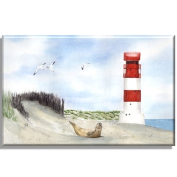 Leinwand 40 x 30 cm Keilrahmen Canvas-Leinen Aquarell Maritim Kunst Druck Kunstdruck Nordsee Insel Helgoland Robbe Seehund Leuchtturm Strand Düne